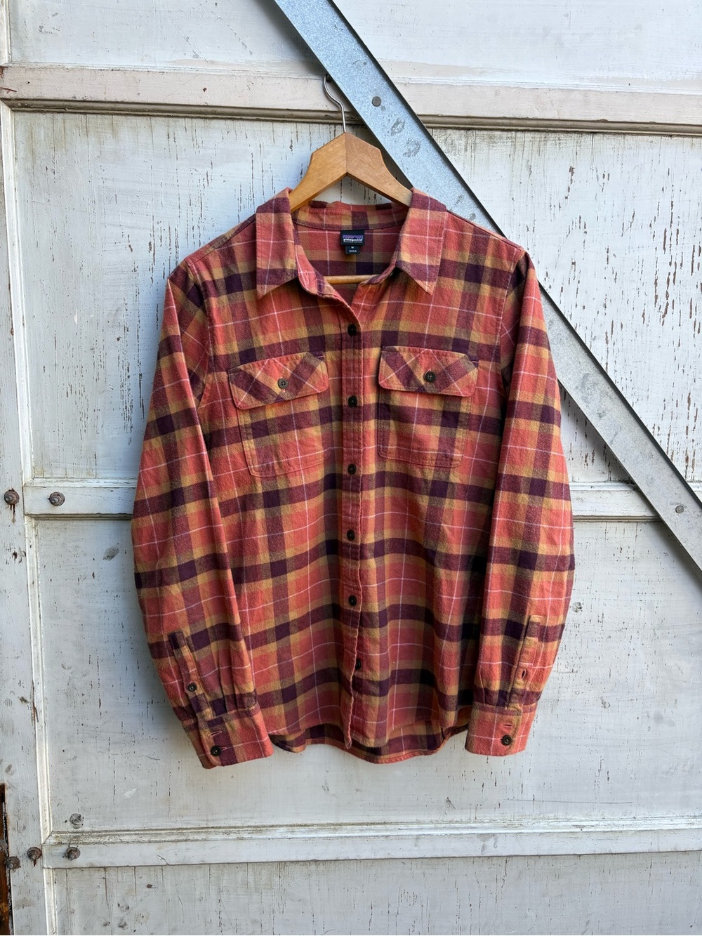 Patagonia Women’s Plaid Orange Purple Flannel Long Sleeve Shirt Size M